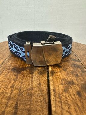 90s Y2K Woven Black Belt with Light Blue Flame Pattern and Silver Buckle
